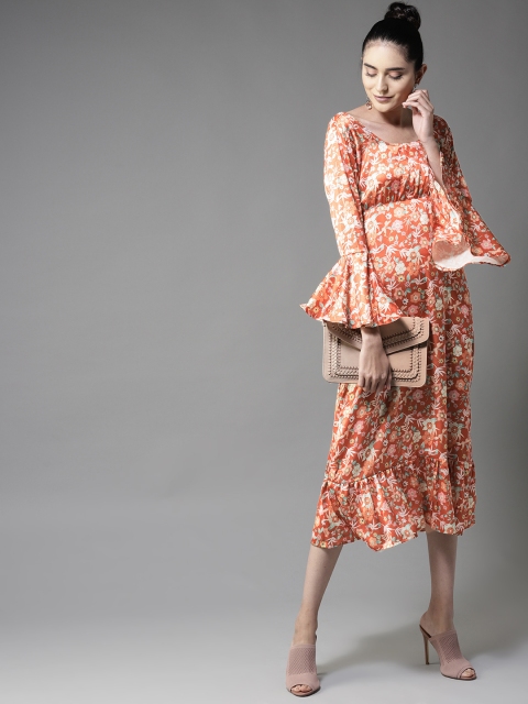 

Moda Rapido Women Orange Empire Floral Print Satin Finish Dress