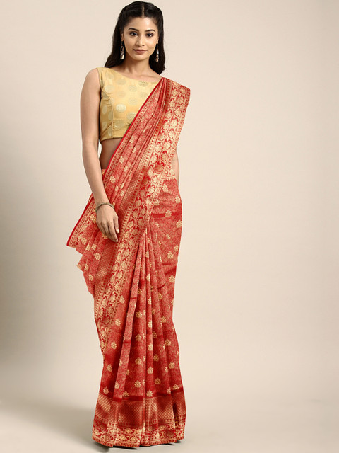 

Triveni Red & Gold-Coloured Art Silk Woven Design Saree