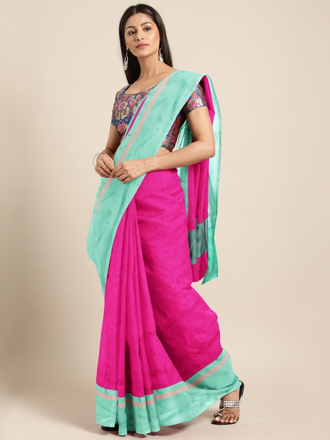 

Triveni Magenta & Sea Green Silk Cotton Solid Saree