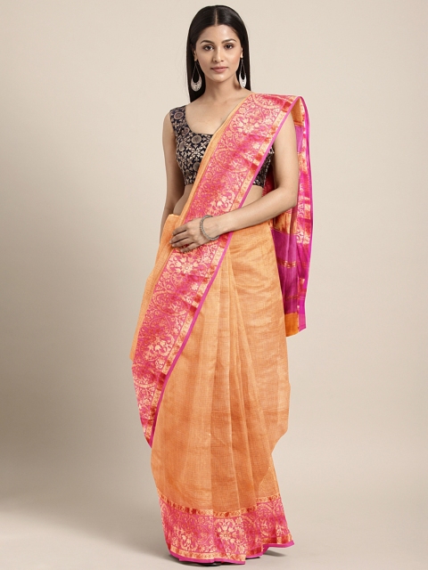 

Triveni Yellow & Pink Silk Cotton Solid Saree