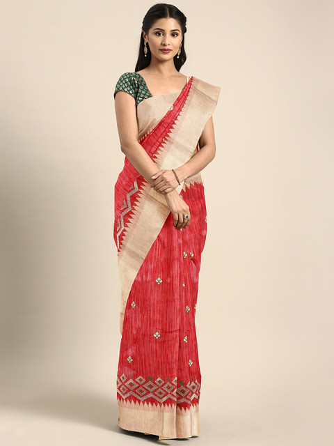 

Triveni Red & Beige Art Silk Woven Design Saree