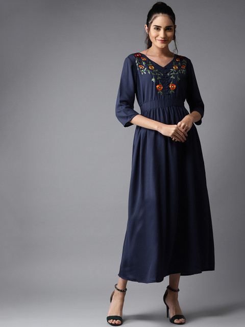 

Moda Rapido Women Navy Blue Floral Embroidered Detail Maxi Dress