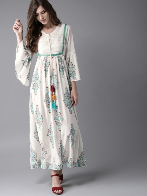 

Moda Rapido Women White & Blue Printed Maxi Dress