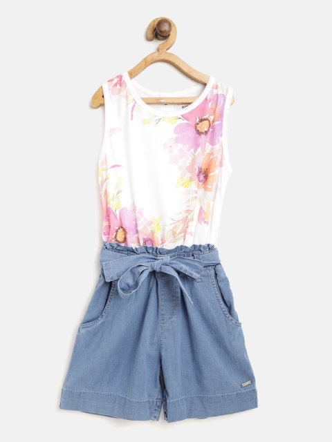 

Gini and Jony Girls White & Blue Printed Playsuit