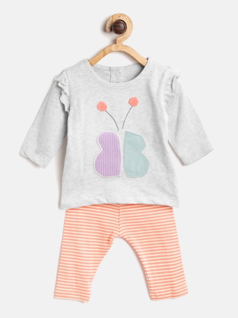 

Marks & Spencer Girls Grey Melange & White Self Design Top with Striped Leggings