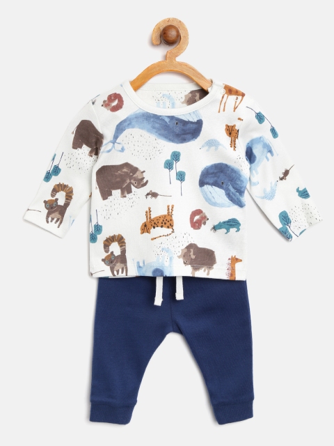 

Marks & Spencer Unisex White & Navy Blue Printed T-shirt with Pyjamas