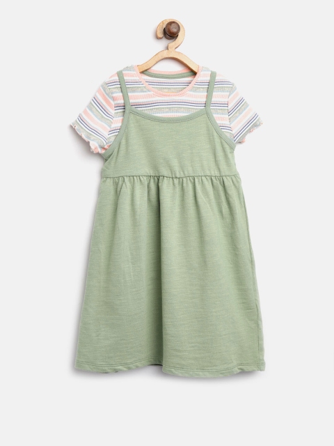 

Marks & Spencer Girls Olive Green Solid Pinafore Dress with T-shirt