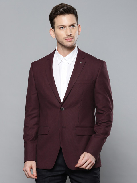 

Louis Philippe Maroon Self Design Slim Fit Single Breasted Formal Blazer