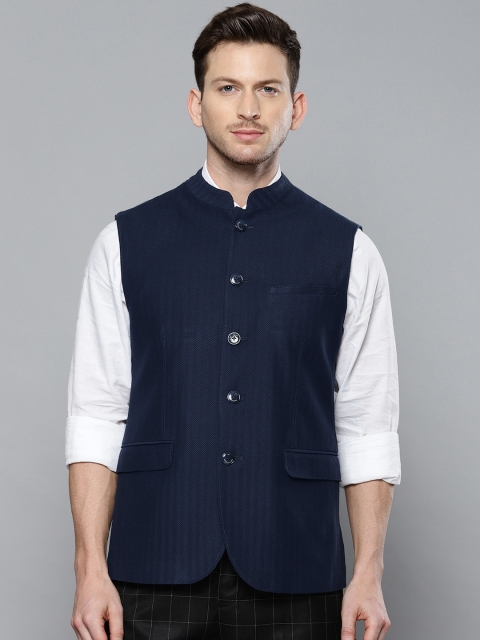 

Louis Philippe Navy Blue Textured Pure Cotton Nehru Jacket
