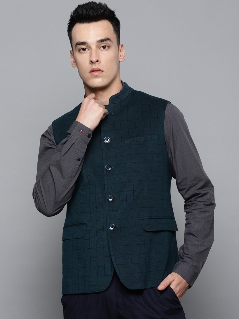 

Louis Philippe Men Teal Blue & Black Checked Pure Cotton Nehru Jacket