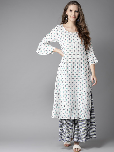 

HERE&NOW Women White & Blue Printed Kurta with Palazzos