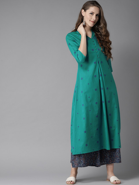 

HERE&NOW Women Green & Blue Woven Design Kurta with Palazzos
