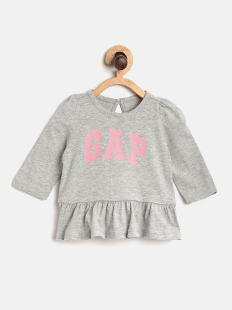 

GAP Baby Girls Logo Peplum Pure Cotton Top, Grey melange