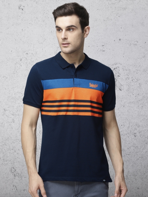 

Ecko Unltd Men Navy Blue & Orange Striped Slim Fit Polo Collar T-shirt