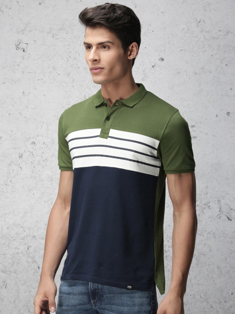 

Ecko Unltd Men Olive Green & Navy Blue Colourblocked Slim Fit Polo Collar T-shirt