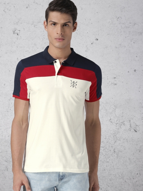 

Ecko Unltd Men Cream-Coloured & Navy Blue Colourblocked Polo Collar T-shirt