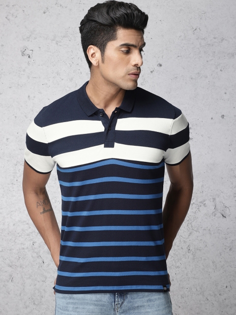 

Ecko Unltd Men Navy Blue Striped Polo Collar T-shirt