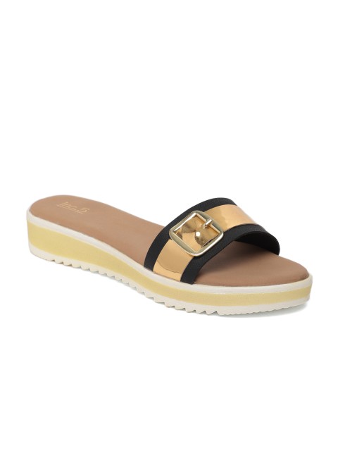

Inc 5 Women Gold-Toned & Black Solid Open Toe Flats