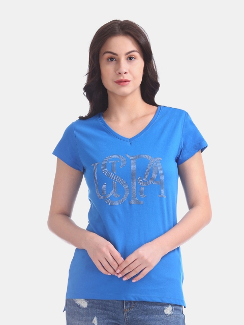 

U.S. Polo Assn. Women Blue Solid V-Neck T-shirt
