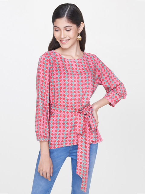 

Global Desi Women Pink & Green Printed Top