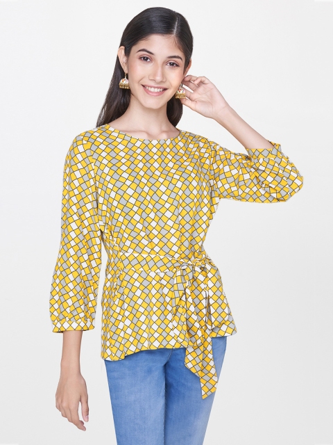 

Global Desi Women Mustard & White Printed Cinched Waist Top