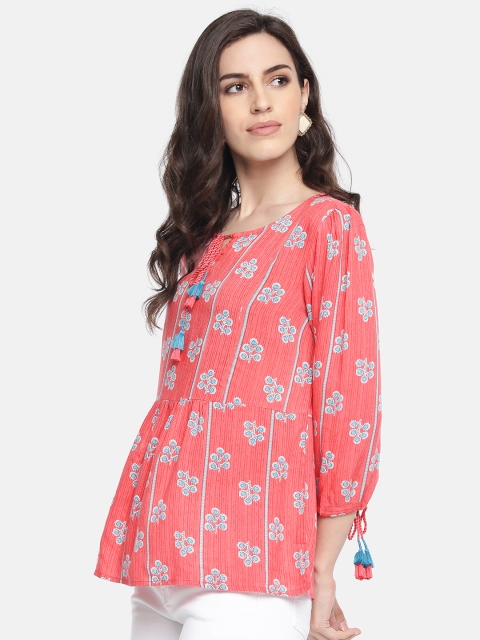 

Global Desi Women Pink & Sea Green Printed Regular Top