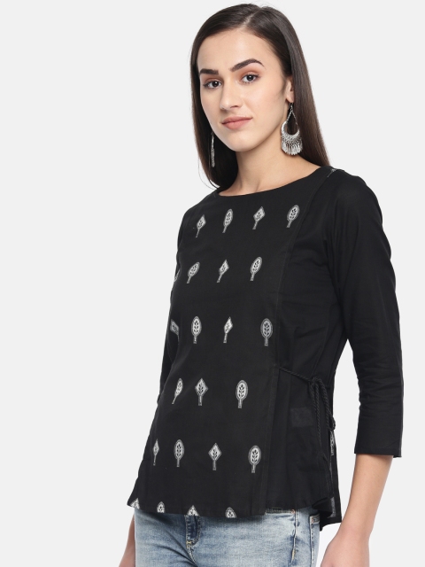 

Global Desi Women Black & White Woven Design Regular Top