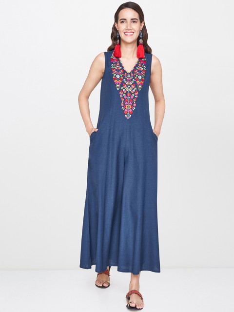 

Global Desi Women Navy Blue Solid Basic Jumpsuit