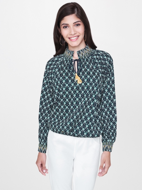 

Global Desi Women Navy Blue & Teal Printed Smocked Blouson Top