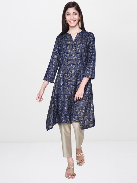 

Global Desi Women Navy Blue & Gold-Coloured Printed Tunic