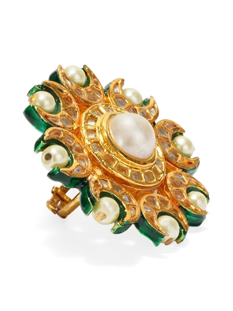 

DUGRISTYLE Women Gold-Toned, White & Green Kundan & Pearl Embellished Handcrafted Cocktail Ring