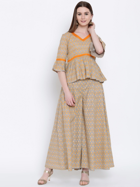 

Khushal K Women Grey & Orange Printed Top with Palazzos