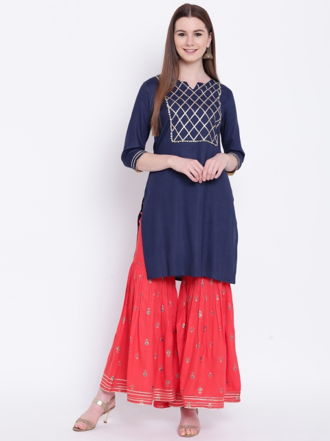 

Khushal K Women Navy Blue & Coral Yoke Design Kurta with Sharara