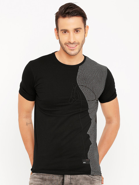 

Rex Straut Jeans Men Black & White Slim Fit Printed Round Neck T-shirt