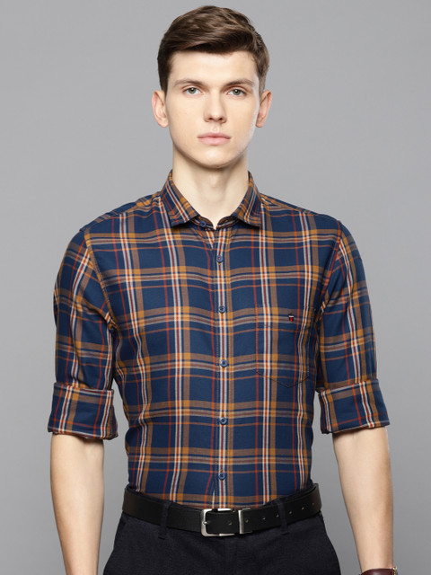 

Louis Philippe Sport Men Navy Blue & Mustard Yellow Slim Fit Checked Semiformal Shirt