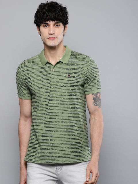 

Louis Philippe Jeans Men Olive Green & Black Striped Polo Collar T-shirt