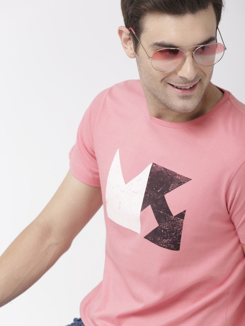 Mast Harbour Men Pink White Printed Round Neck Pure Cotton T-shirt