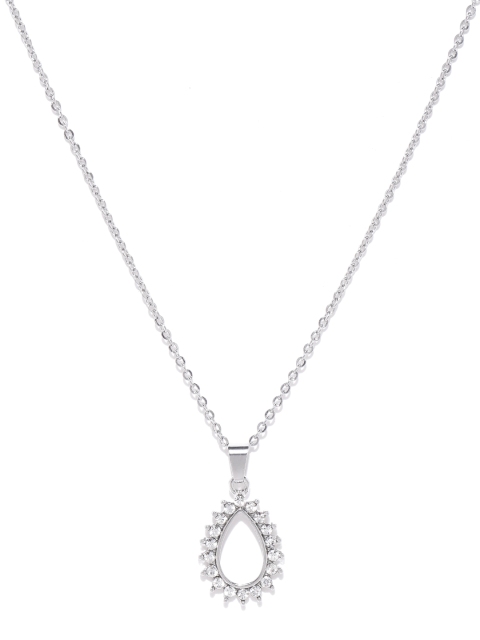 

Carlton London Silver-Toned Rhodium-Plated CZ-Studded Teardrop-Shaped Pendant with Chain