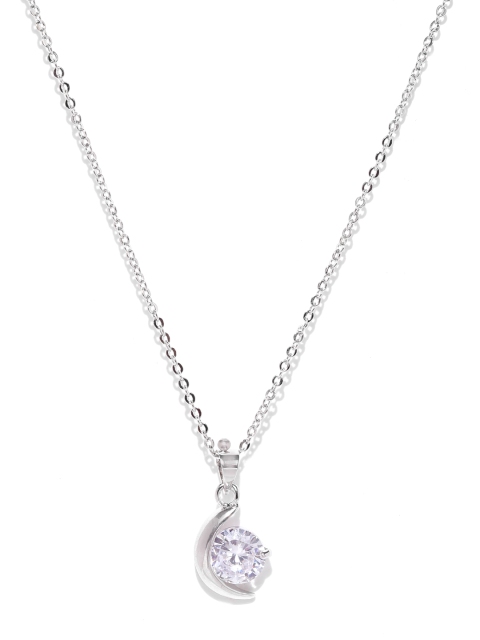 

Carlton London Silver-Toned Rhodium-Plated CZ-Studded Cresent-Shaped Pendant with Chain