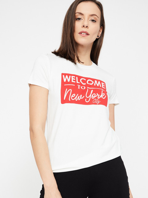 

Ginger by Lifestyle Women White Printed Round Neck T-shirt
