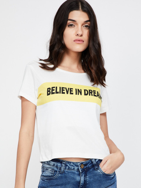 

Ginger by Lifestyle Women White Printed Round Neck T-shirt