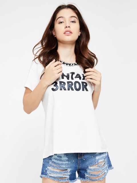 

Ginger by Lifestyle Women White Printed Round Neck T-shirt