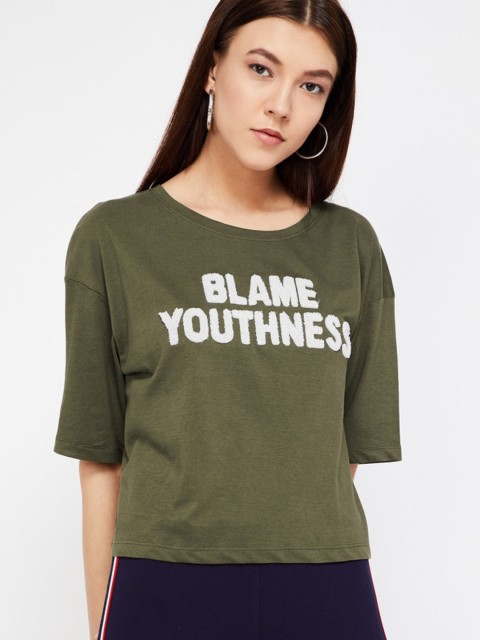 

Ginger by Lifestyle Women Olive Green Printed Round Neck T-shirt