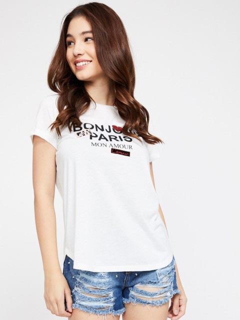 

Ginger by Lifestyle Women White Printed Round Neck T-shirt