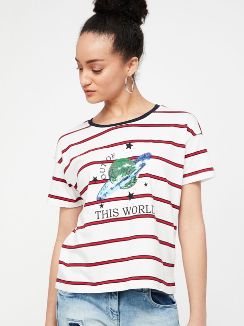 

Ginger by Lifestyle Women White Striped Round Neck T-shirt