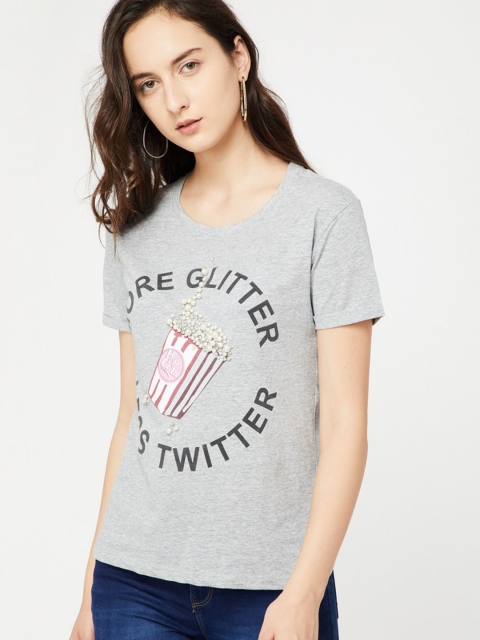 

Ginger by Lifestyle Women Grey Printed Round Neck T-shirt