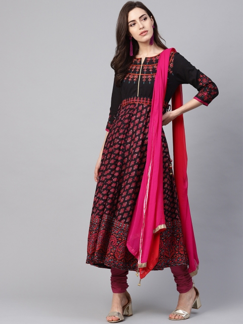 

Rain & Rainbow Women Black & Pink Printed Kurta with Churidar & Dupatta