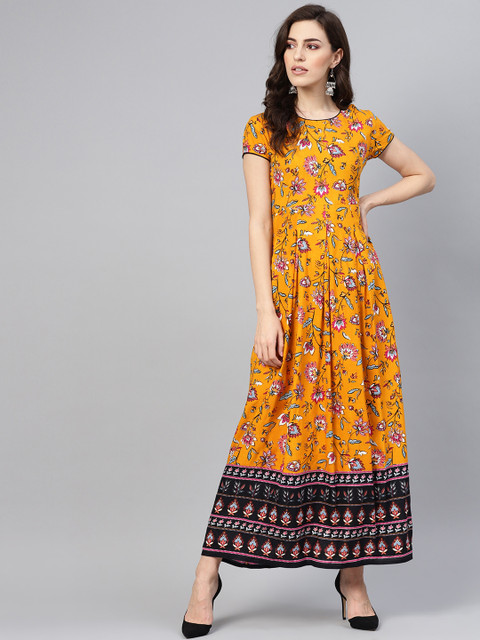 

Rain & Rainbow Women Mustard Yellow & Pink Printed Maxi Dress