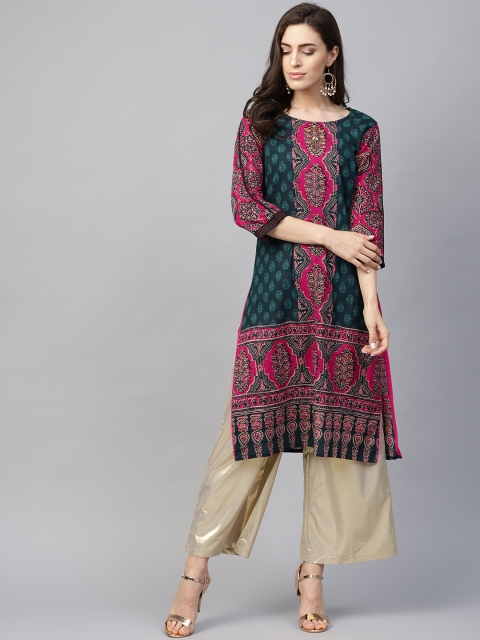 

Rain & Rainbow Women Teal Blue & Fuchsia Printed Straight Kurta