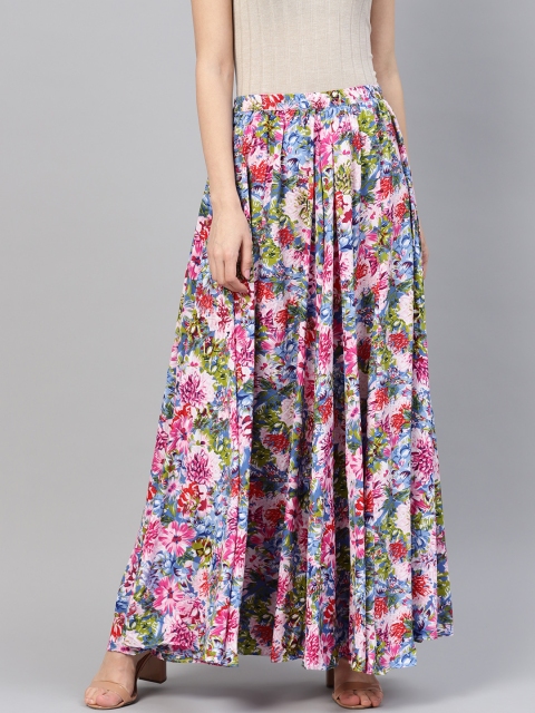 

Rain & Rainbow Women Pink & Blue Printed Maxi Flared Skirt